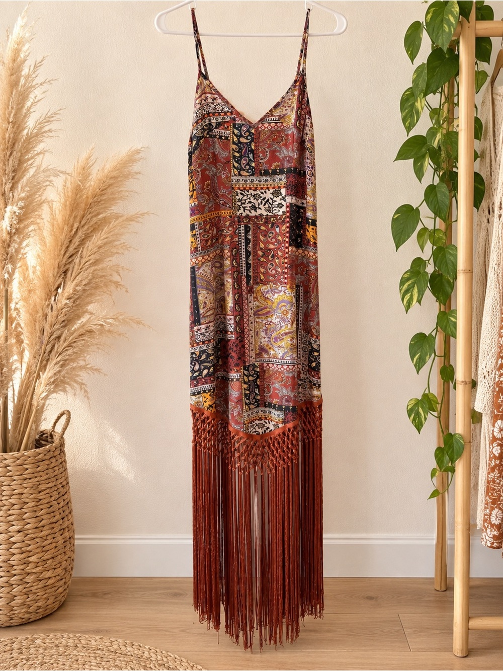 SHEIN Multi-Color Patchwork Slip Dress with Rust Fringe